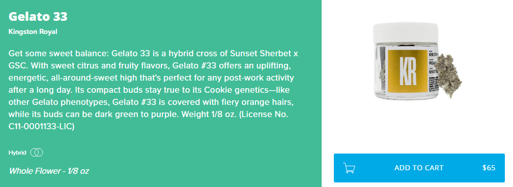 Screenshot of Eaze's page about Gelato 33