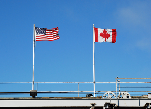 Flags flying at the US Canada Border