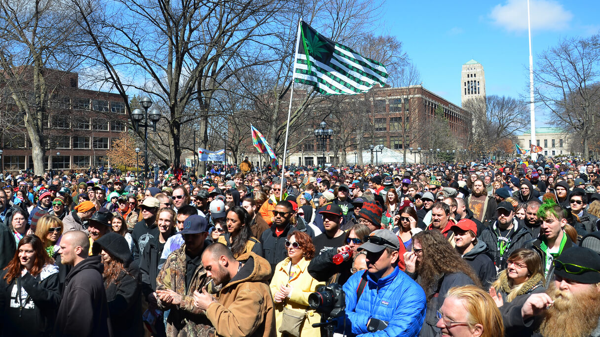 Ann Arbor, MI, USA - April 5, 2014: A crowd attends the 43rd annual Hash Bash rally in Ann Arbor, MI April 5, 2014.