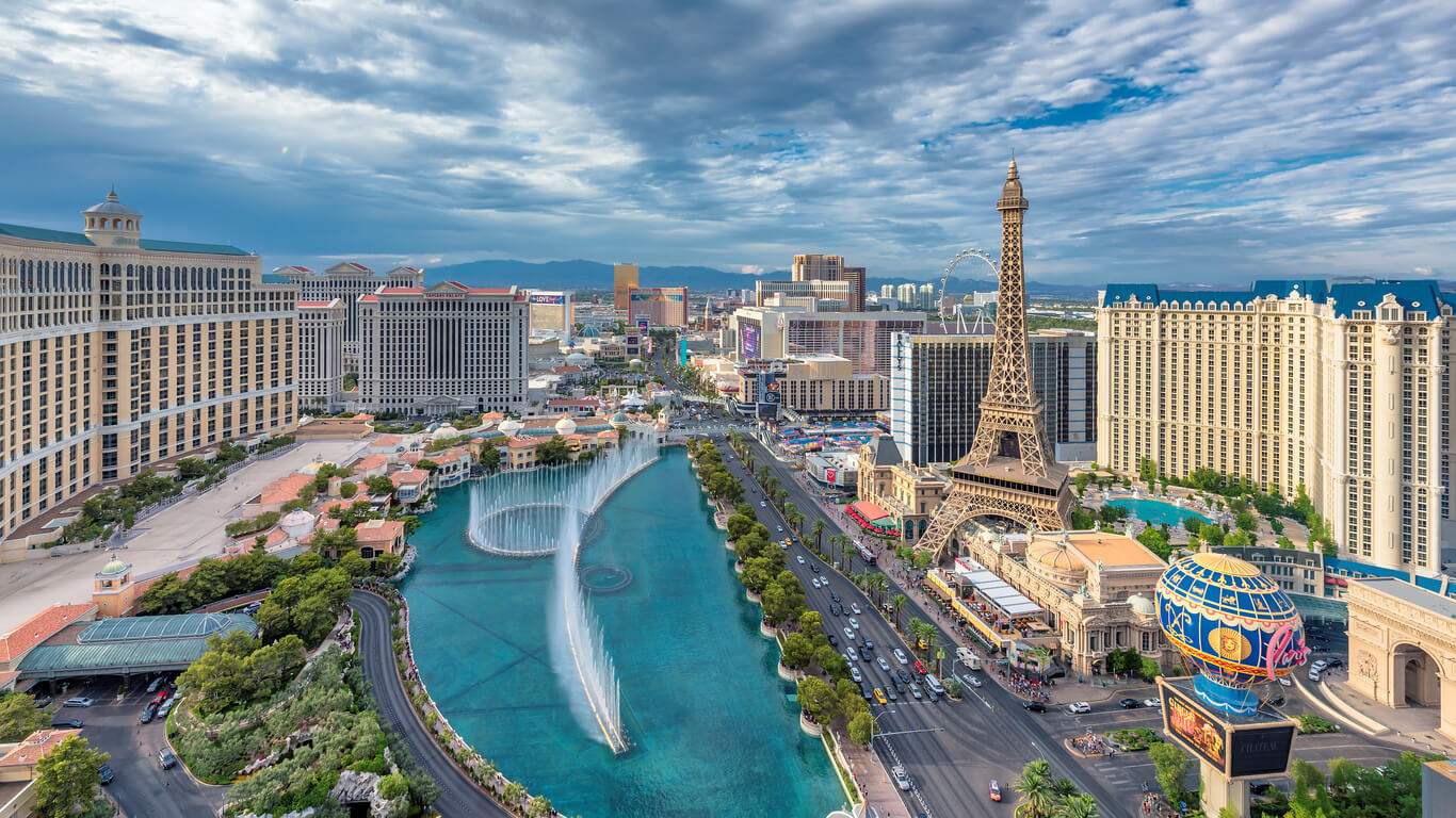 Las Vegas, USA - July 25, 2017: Panoramic view of Las Vegas strip in Nevada. The famous Las Vegas Strip with the Bellagio Fountain Show. The Strip is home to the largest hotels and casinos in the world.