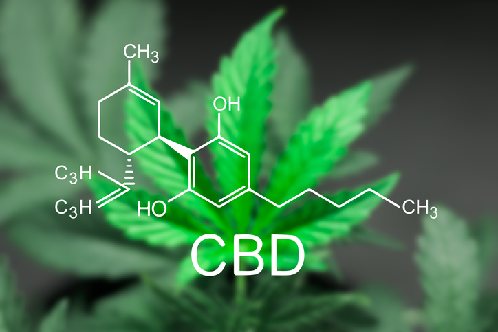 A sheet of cannabis marijuana in the defocus with the image of the formula CBD