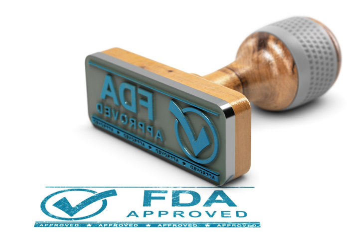 Drugs or products approval concept. Rubber stamp with the text FDA approved over white background. 3D illustration