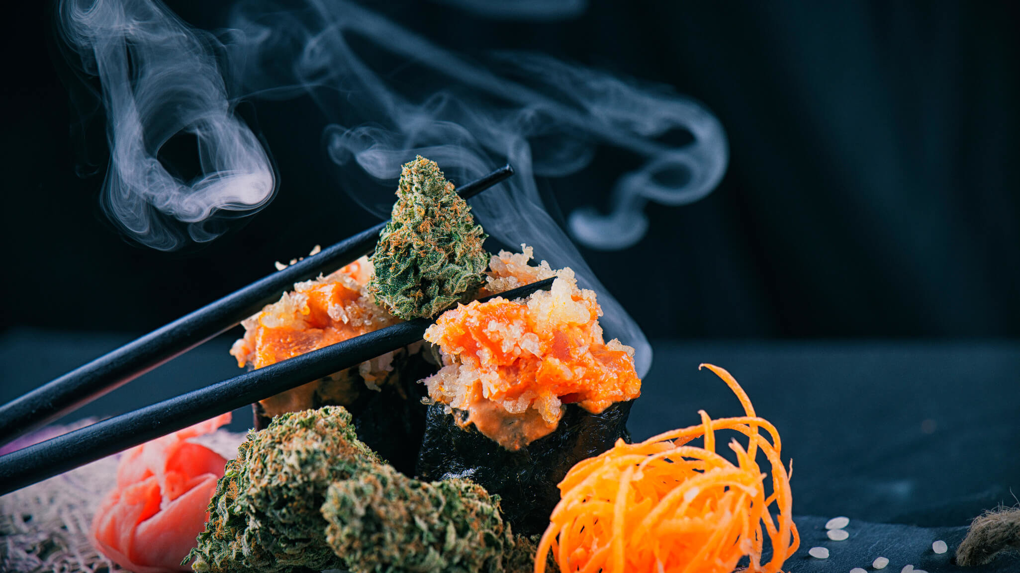 Cannabis buds served on a sushi roll with smoke and chopsticks on a dark background