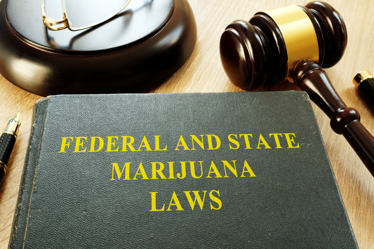 Federal and State Marijuana Laws and gavel in a court.