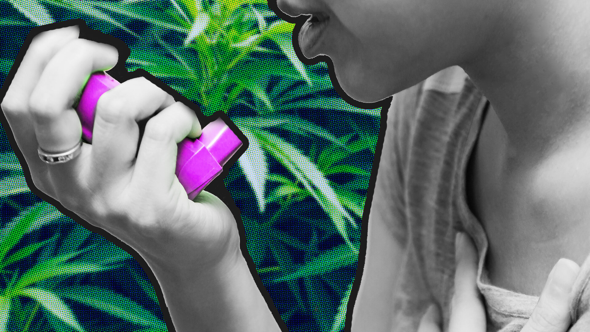 Woman using her inhaler with a cannabis background.