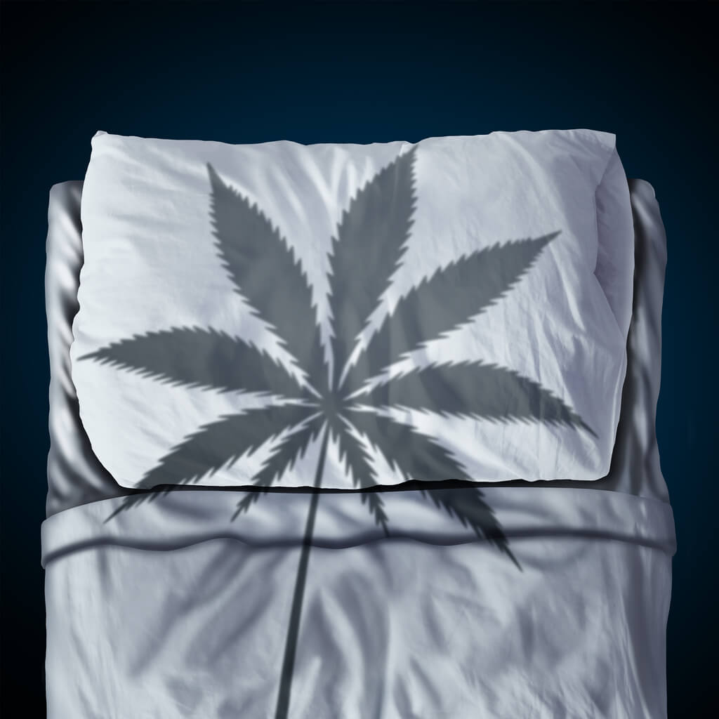 Marijuana and sleep aid or risk as an herbal cannabis use nightcap helping insomnia concept as a health care symbol in a 3D illustration style.