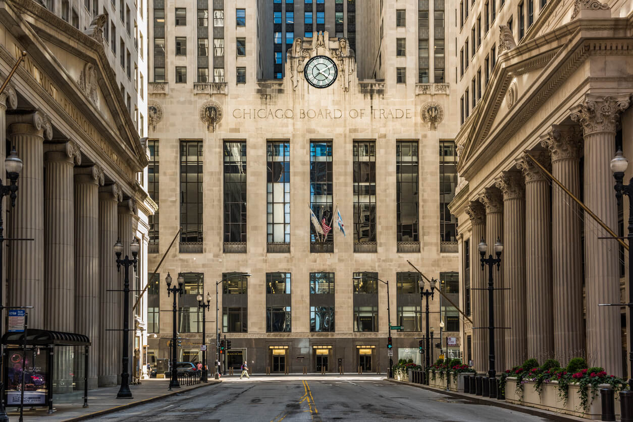 Chicago, USA - May 30, 2016: Symmetrical art deco building of Board of Trade along La Salle street in Illinois
