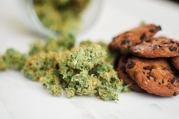 Cookies with cannabis and buds of marijuana on the table. Concept of cooking with cannabis herb. Treatment of medical marijuana for use in food On a white background CBD use
