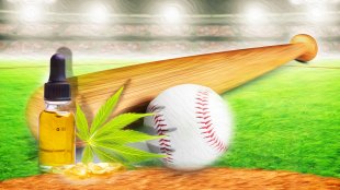 a Baseball, bat and cannabis leaf.