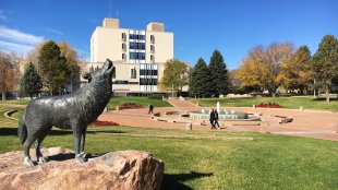 Colorado State University, Pueblo, CO with students walking in the background