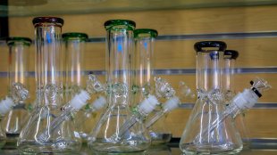rows of glass bongs