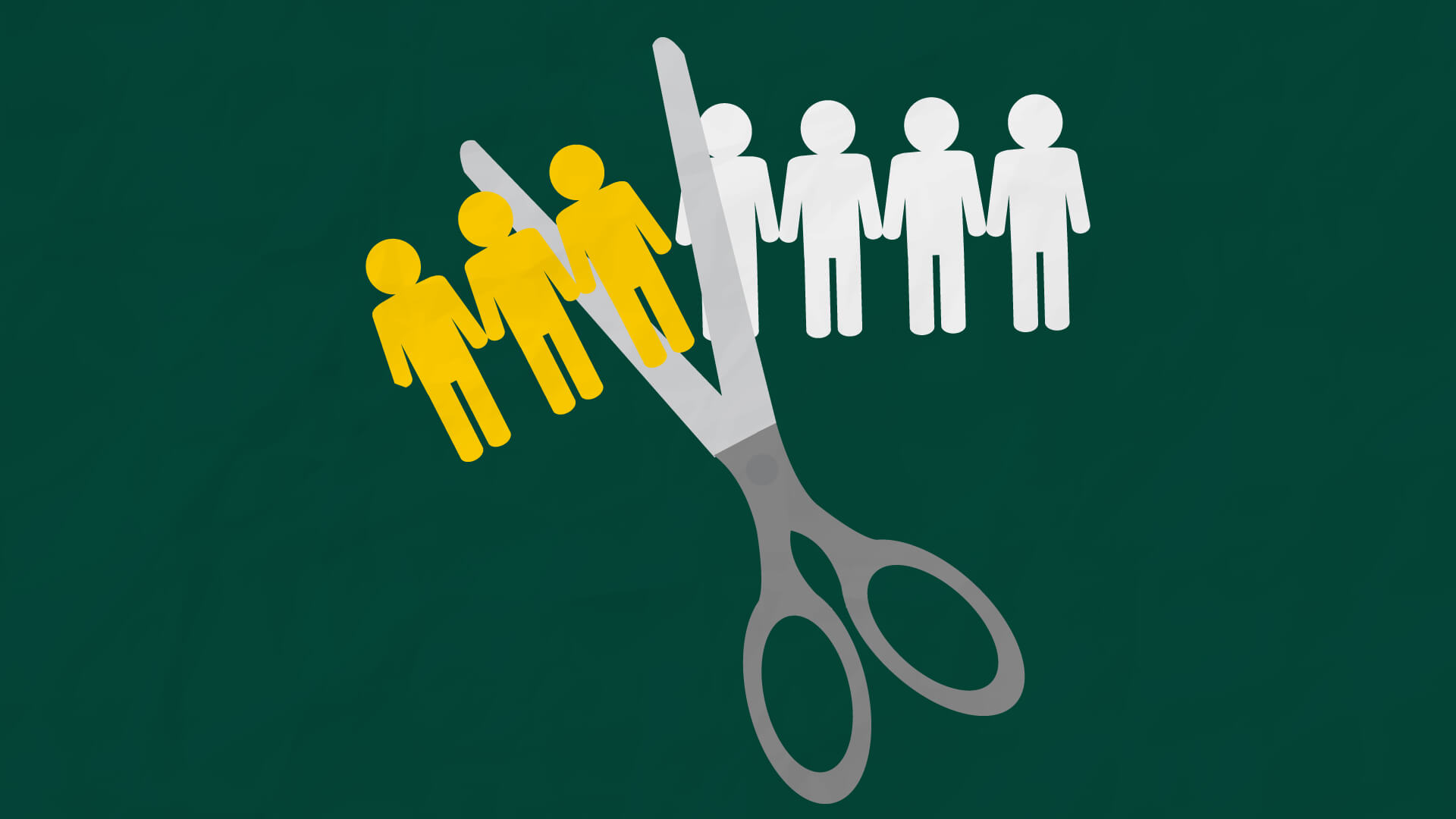 Illustration of scissors cutting paper workforce in half.