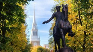 Paul Revere statue and the old north church in Boston Masachusetts