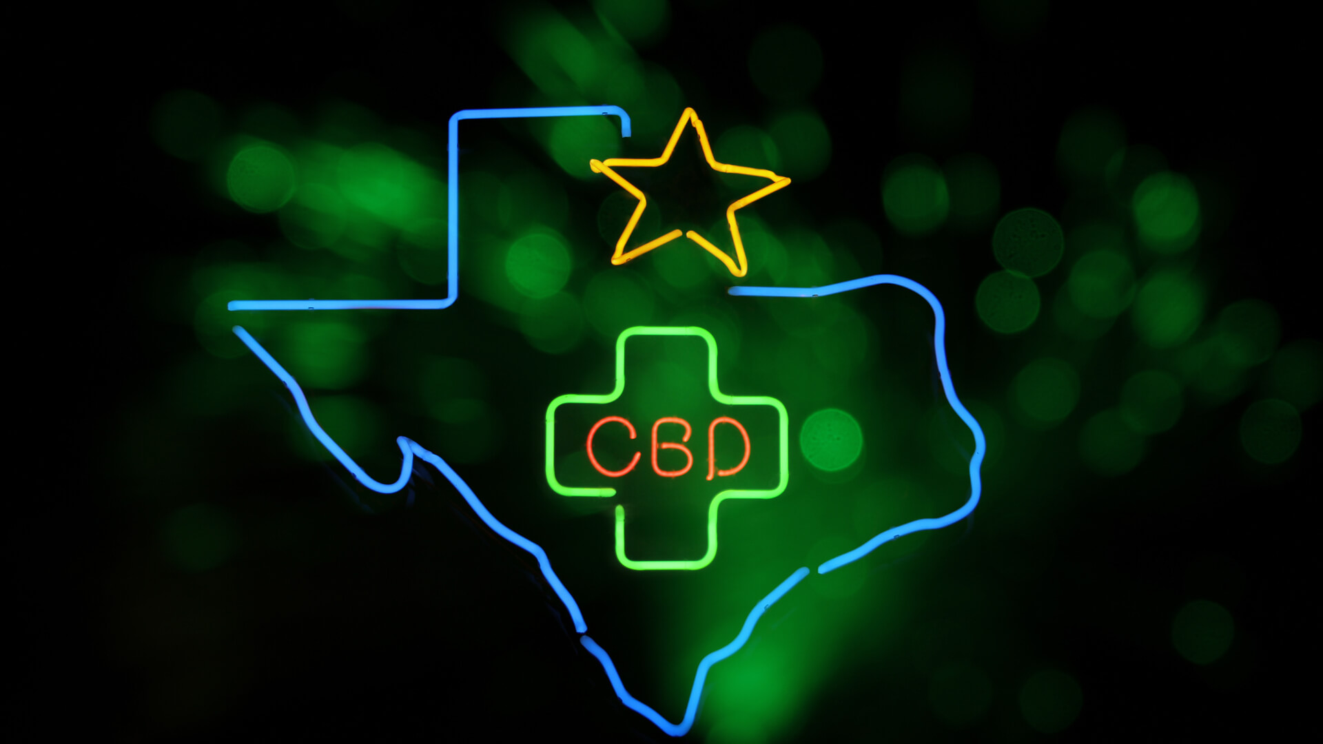 LED sign of the State of Texas with CBD sign in the middle