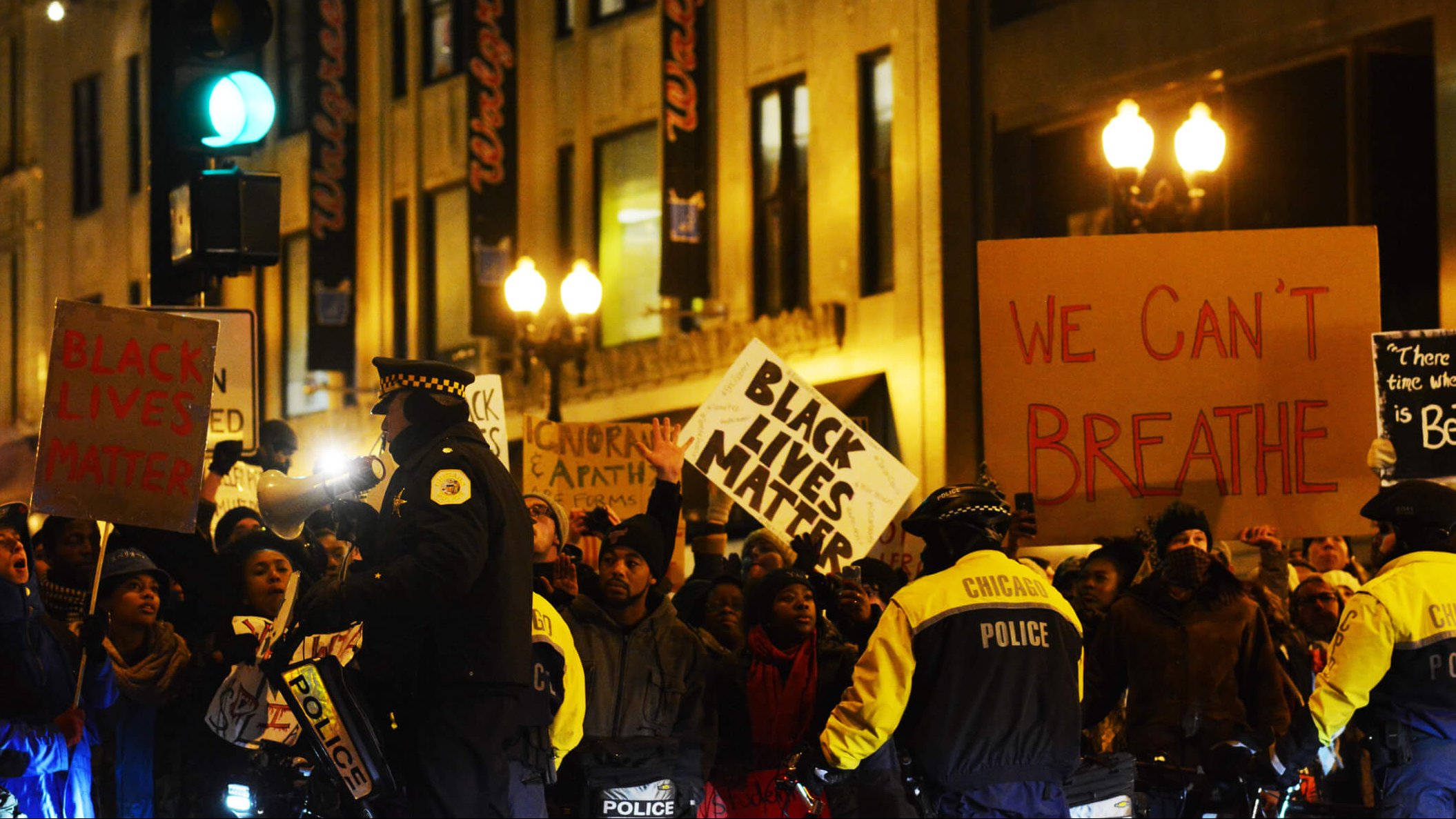 People protest police brutality against African Americans.