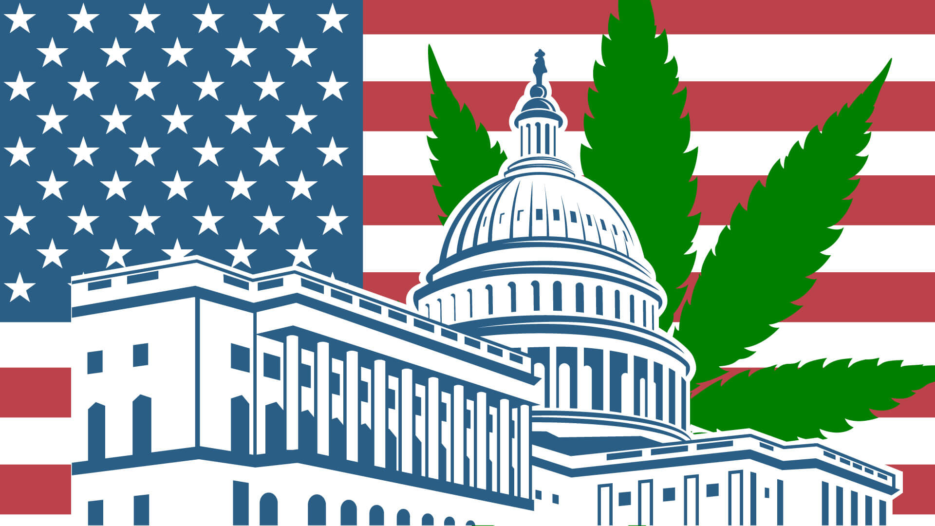 An illustration of the white house with an american flag and a cannabis leaf behind it