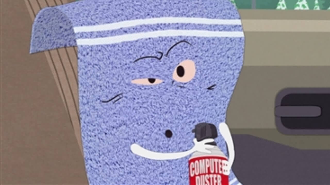 Towelie inhaling a bottle of computer duster