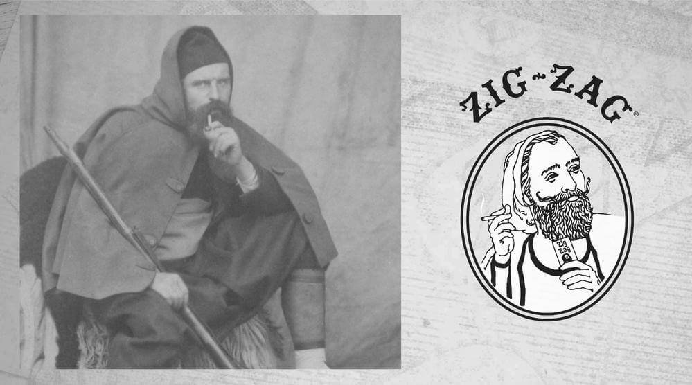 Old image of the Zig Zag man next to the Zig Zag logo
