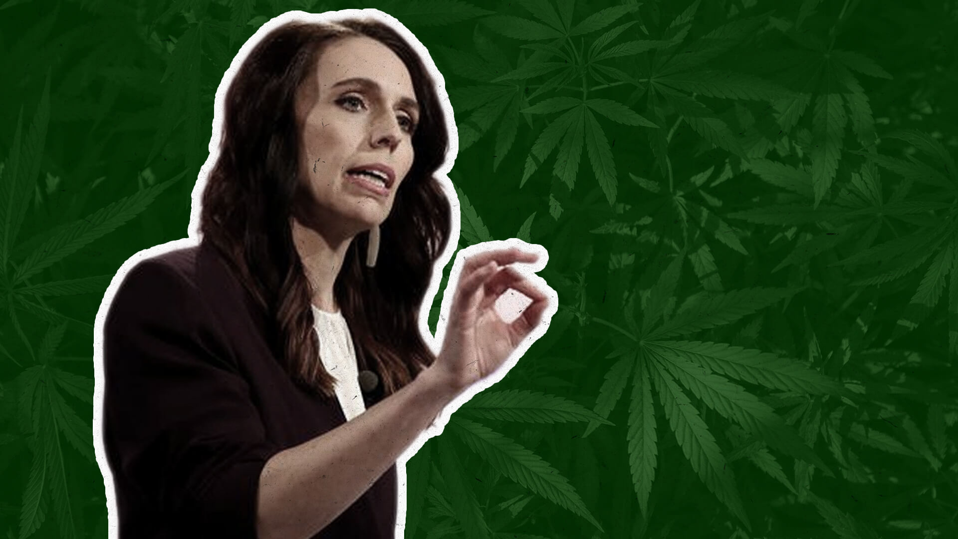 Jacinda Adern on a green background with marijuana leafs