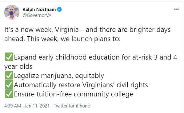 A tweet of Governor Ralph Northam's with launch plans