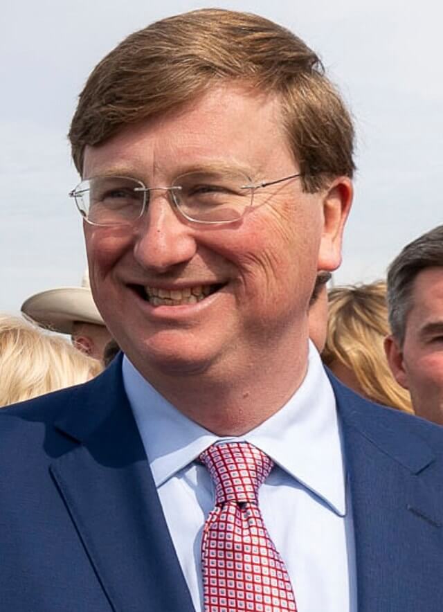 A closeup of Governor Tate Reeves