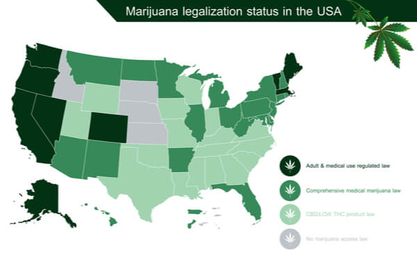 A map of the US displaying which states have recreational and medical marijuana laws