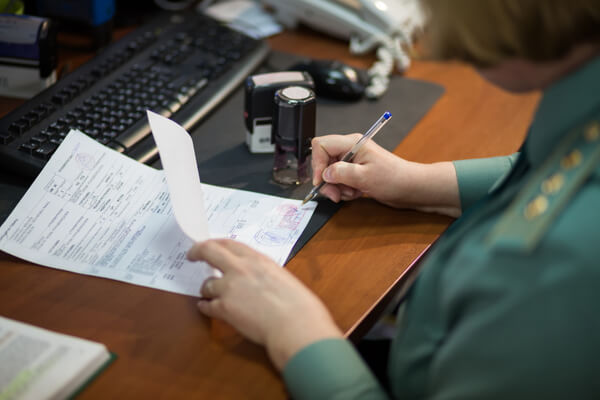 A Russian customs agent reviewing documents in Moscow