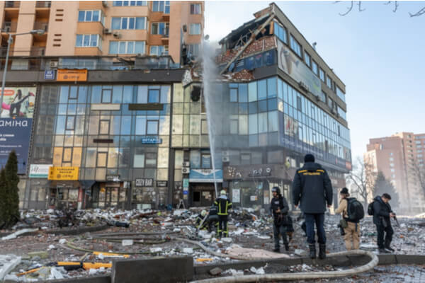 View of a civilian building damaged following a Russian rocket attack the city of Kyiv, Ukraine