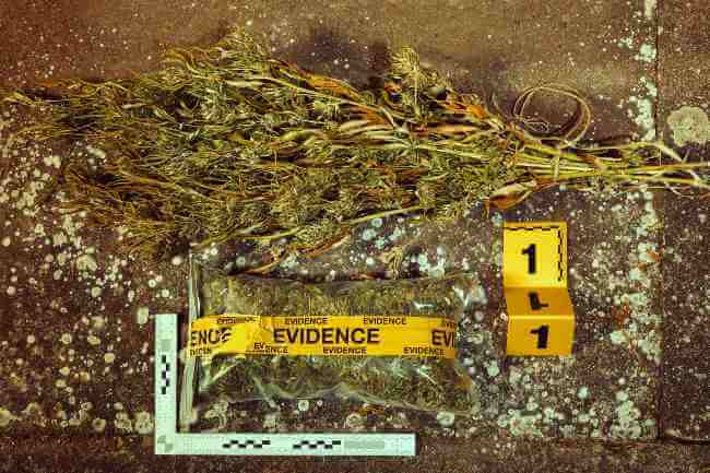 a bundle of dried cannabis next to a police “evidence” sticker
