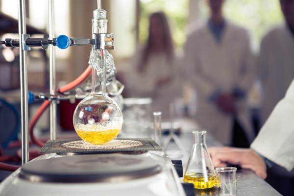 A lab with a bulbous glass being heated over a hot plate with golden yellow liquid inside